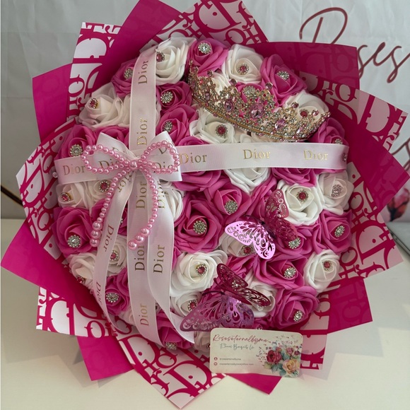 Dior Pink and White Floral Arrangement with Crown - Picture 2 of 2